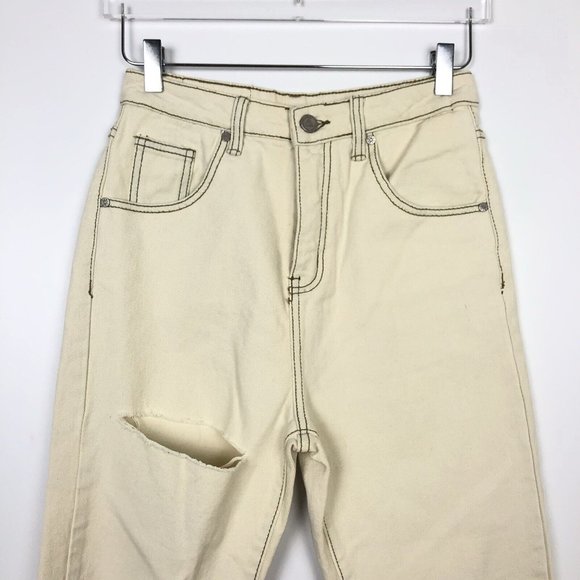 NWOT Unif Sz 25 Cream Off White High Waist Distressed Jeans Tapered Straight Leg - Picture 3 of 7